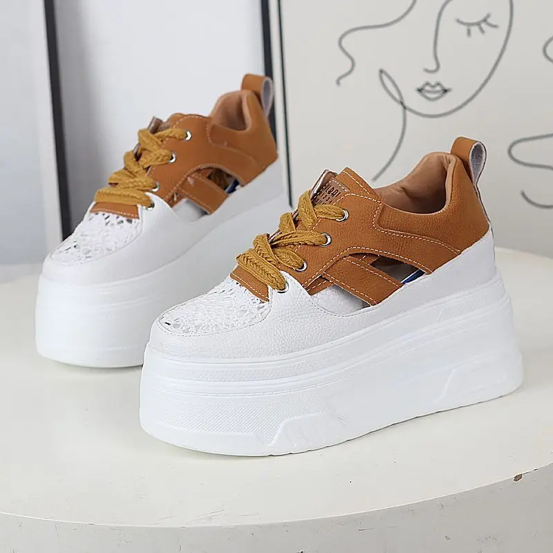 

2026 New Fashion Hollow-Out White Platform Sneakers Women's 12cm Hidden Wedge Heel Spring Summer Sandal with Lace Closure