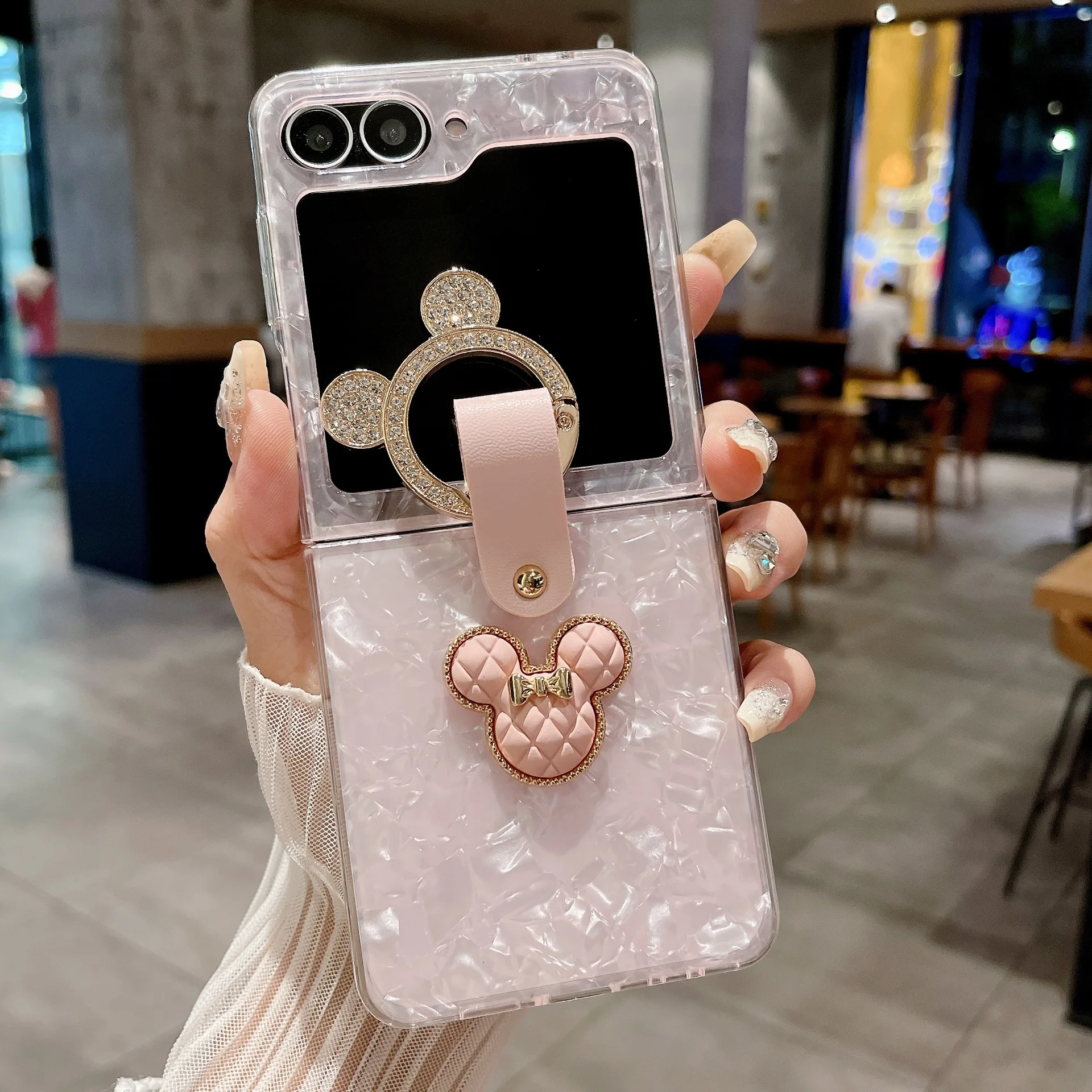 

Shell Texture Mouse Ring Phone Case For Samsung Galaxy Z Flip 7 6 5 4 Protective Back Cover For ZFlip5 ZFlip6 ZFlip7 Case Shell