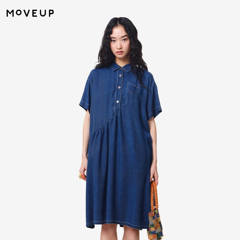 

MOVEUP Casual Denim Dress 2026 Summer New Lapel Pocket Contrast Color Splicing Pleated Simple Commuting A-Line Dress 3ELX41304