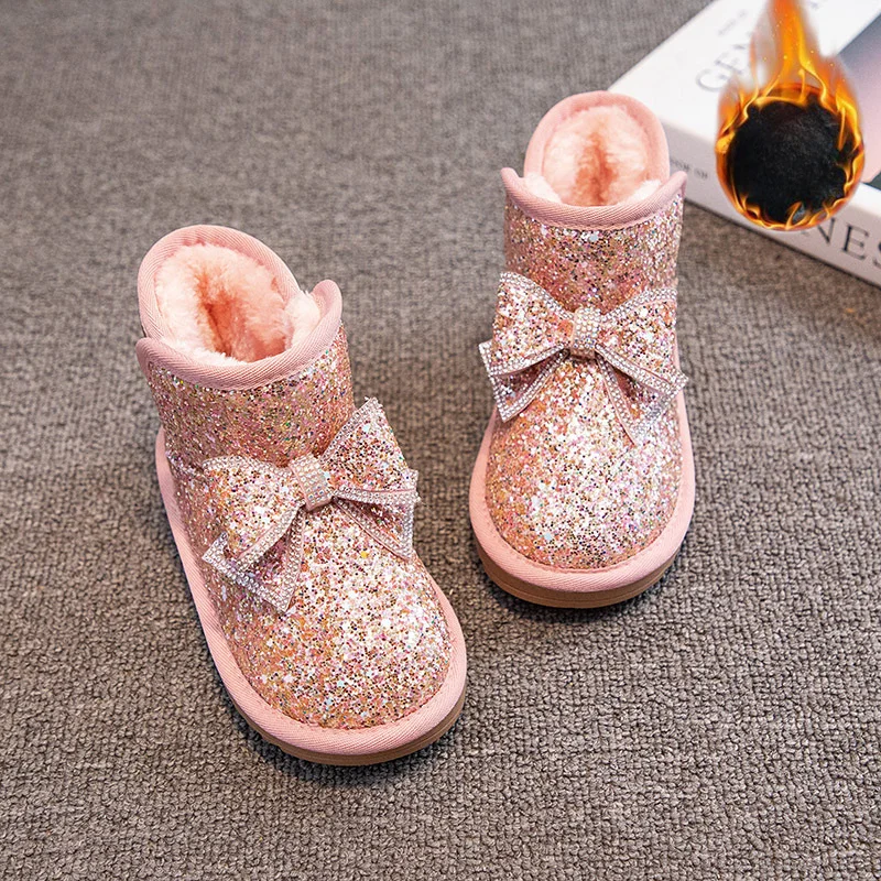 Girls Winter Snow Boots Children Princess Boots Butterfly Knot Sparkle Thickened Velvet Warm Shoes Soft Bottom Non-slip Boots