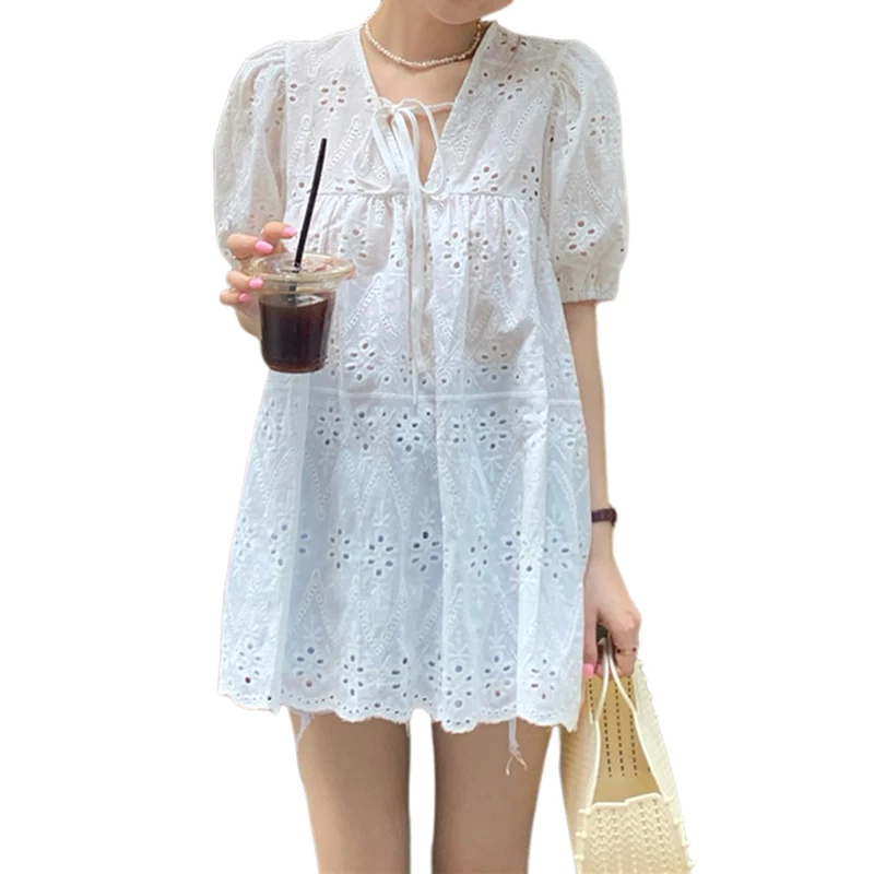 Blouses Women Hollow Out Puff Sleeve All-match Dress Lace V-neck Thin Summer Loose Fashion Solid Simple Casual Female