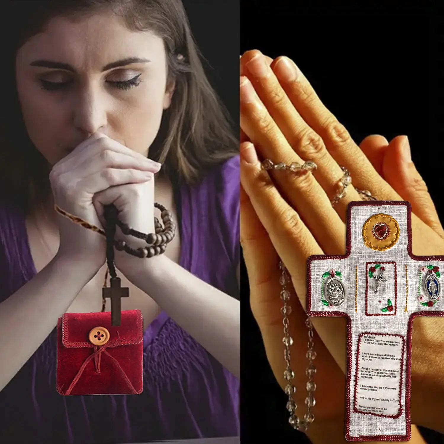 Christian Embroidered Cloth Scripture Prayer Quilt  with Religious Medals, Handmade Portable Catholic Devotional Rosary Pouch