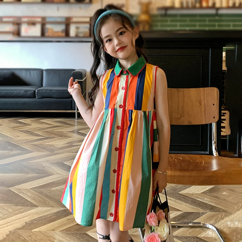 3-8T Rainbow Girls Striped Dress Elegant Toddler Kid Baby Girl Summer Clothes Sleelveless T Shirt Dress Streetwear Outfit