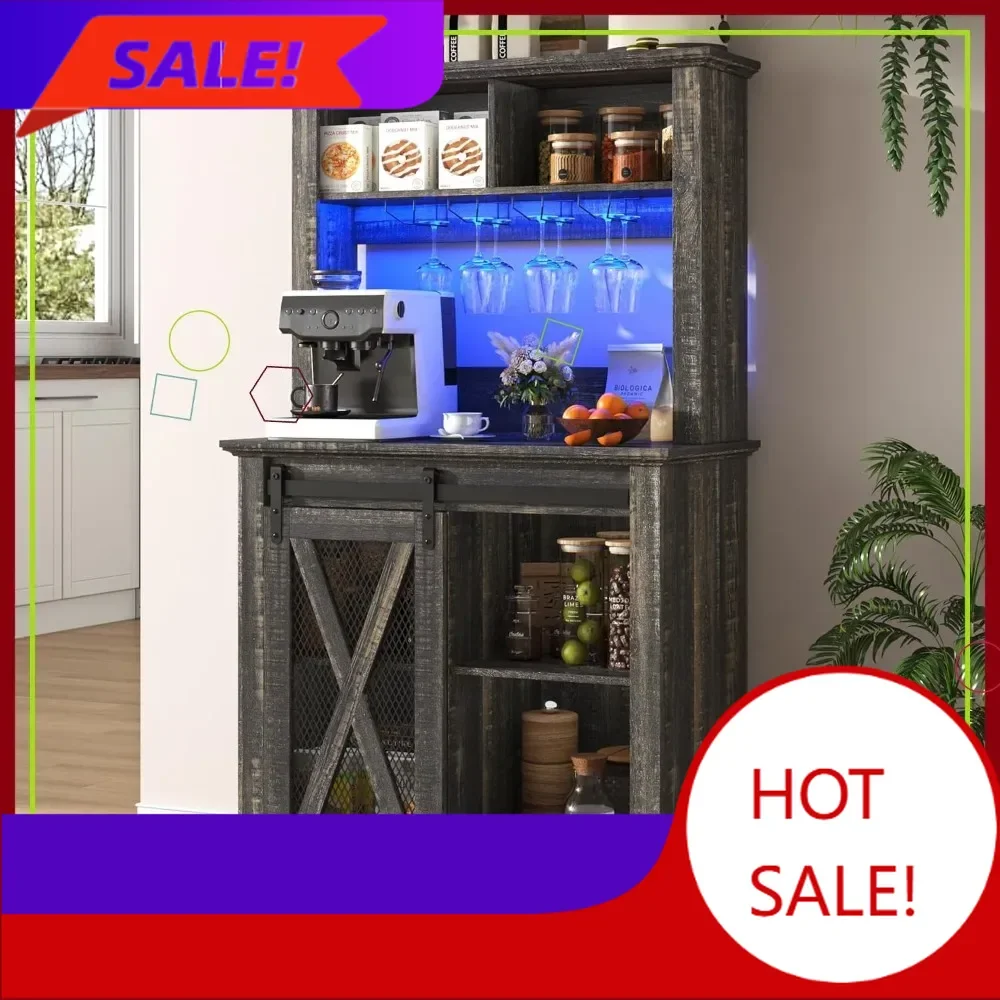 

Горячая распродажа: Кофейный барный шкаф в стиле фермерского дома 31,5 дюйма с LED-подсветкой, раздвижной дверью-амбаром, винной полкой и местом для хранения для кухни и столовой
