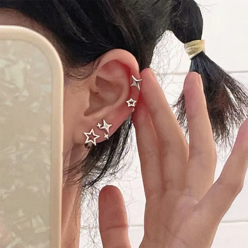 2023 Trend Silver Color Plated Hollow Star Hoop Earring For Women Fashion Vintage Accessories Aesthetic Jewelry Gift