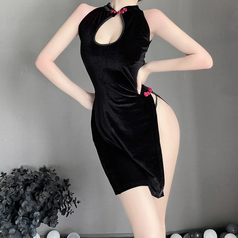 Sexy Hot Slit Cheongsam Dress Tempting Backless Uniform Chinese Style Traditional Improved Qipao Skirt Classical Exotic Costumes