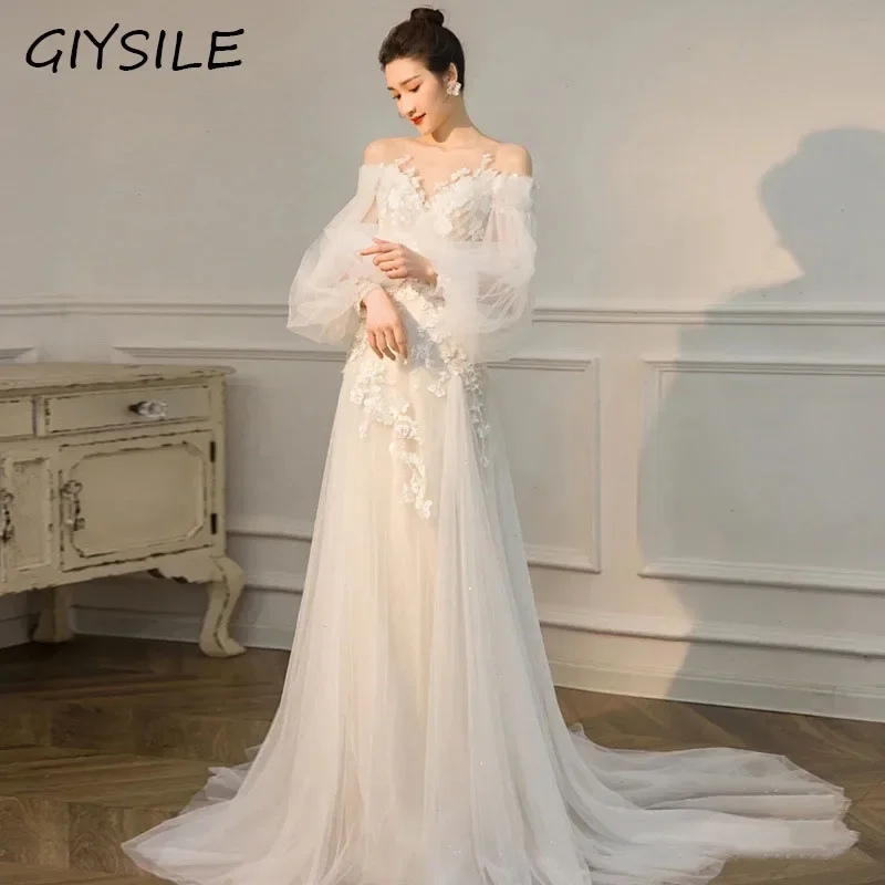 GIYSILE Long Sleeved Floor Length Wedding Dress Vestidos De Novia Premium Sweet Trail Ball Dress One Shoulder Wedding Dress