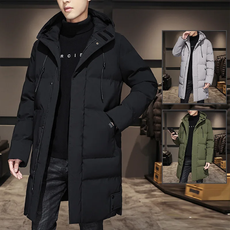 Men's Long Hooded Puffer Coat Drawstring Hood Thick Quilted Parka Windproof Multi Pockets Solid Warm Winter Casual Outerwear