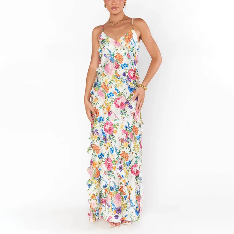 

Vacation Style Strap Dress2025New Style Patchwork Ruffle Design Elegant Long Dress Women