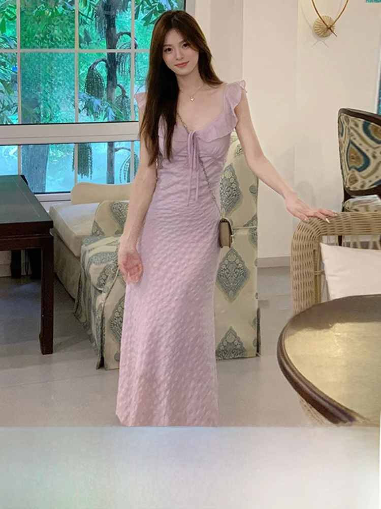 우아한 새틴 랩 드레스 여성 여름 퍼플 스커트 섹시 하이 웨이스트 롱 드레스 캐주얼 스윗 스타일 V넥 버블 소매 드레스