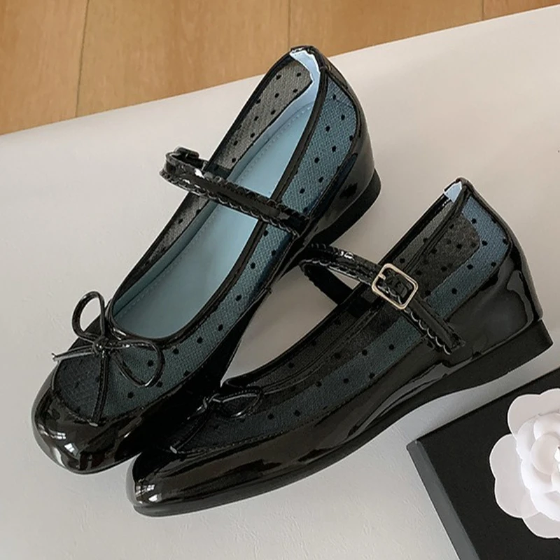 

Милые сетчатые туфли Мэри Джейн в горошек, женские летние дышащие балетки с круглым носком, удобные туфли на мягкой подошве, увеличивающие одинарные туфли