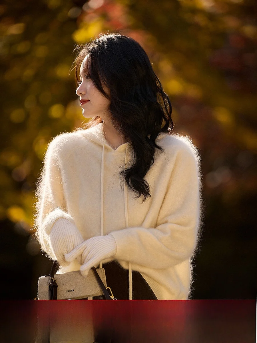 

Женский зимний теплый вязаный комплект: свитер и шапка из искусственного меха, мягкий уютный топ с капюшоном и длинными рукавами, повседневный комфортный крой