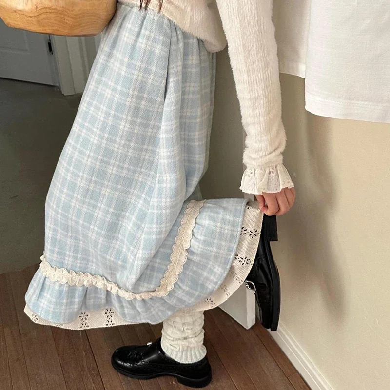 Japanese Sweet Long Skirt Women Fall Winter Blue Plaid Vintage Preppy Patchwork Skirts High Waist A Line Loose Casual Cute Skirt