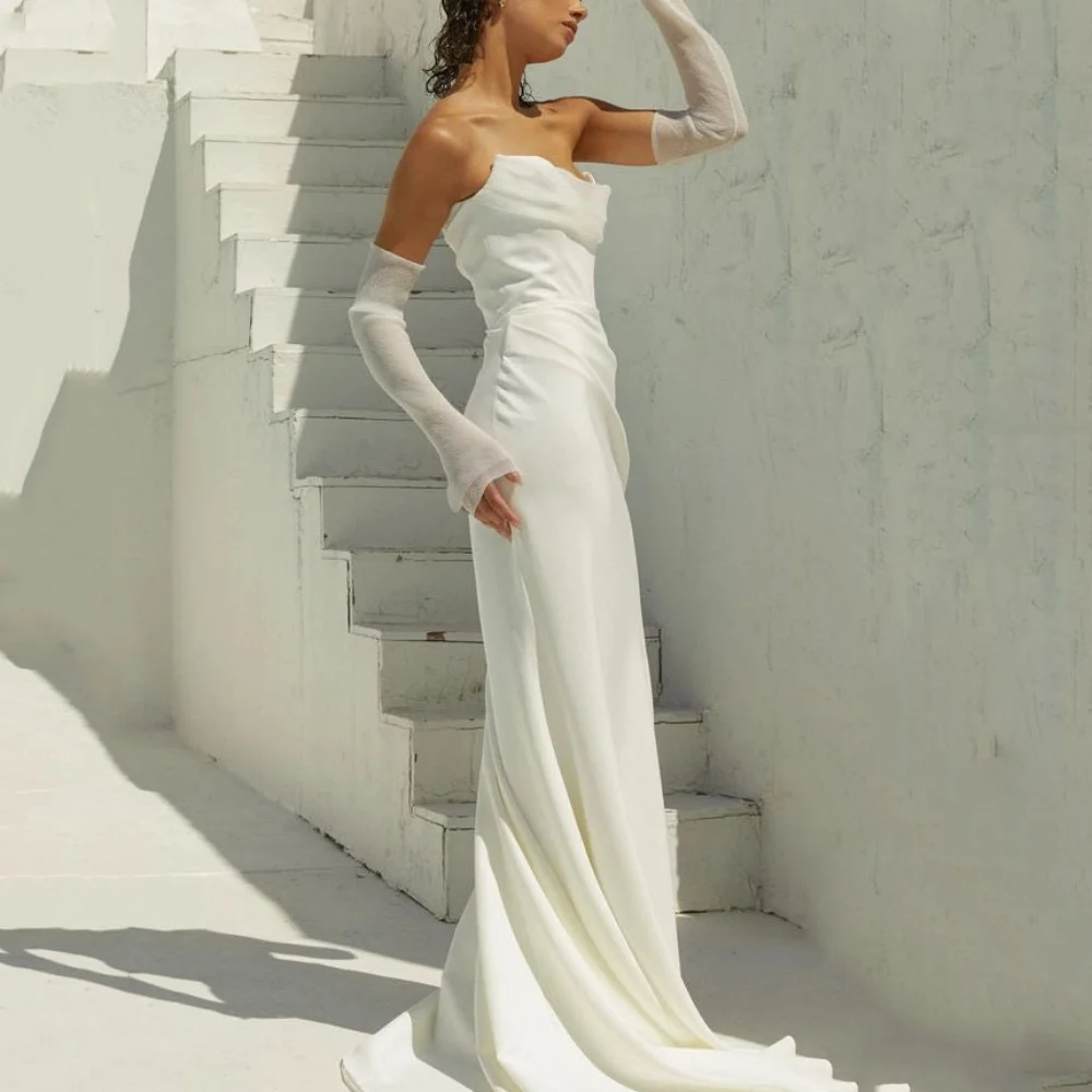 Customized Boho Mermaid Wedding Dress Detachable Sleeve Bride Gowns Strapless Sweep Train Simple New Vestidos De Novia