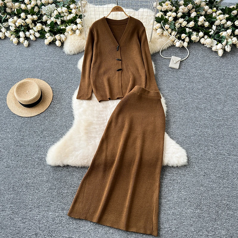 Women V-neck Long Sleeves Cardigan Sweater+High Waist Slim Mini Half Skirt Female Warm Autumn Winter Solid Knit Sweater Set