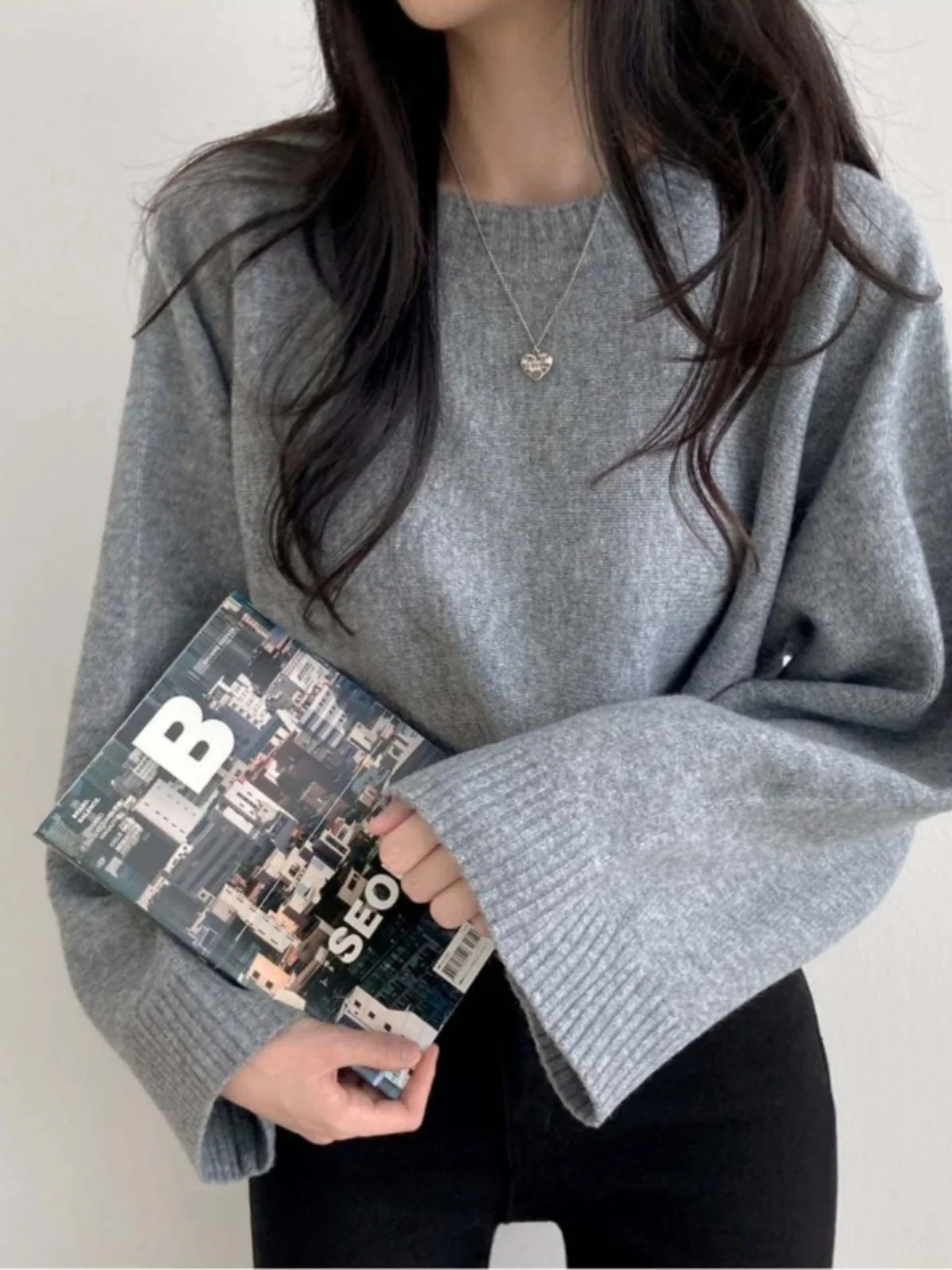 

Korean Style Chic Lazy Long Sleeve Knitted Sweater Women Early Spring Color Loose Short round Neck Sweater for Small Fi...