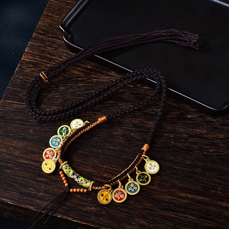 جديد التبتية نمط توالت القطن الرجال والنساء القلائد Tianzhu مرسومة باليد Tangka خمسة مسارات إله الثروة المنسوجة حبل Sw الحظ #2