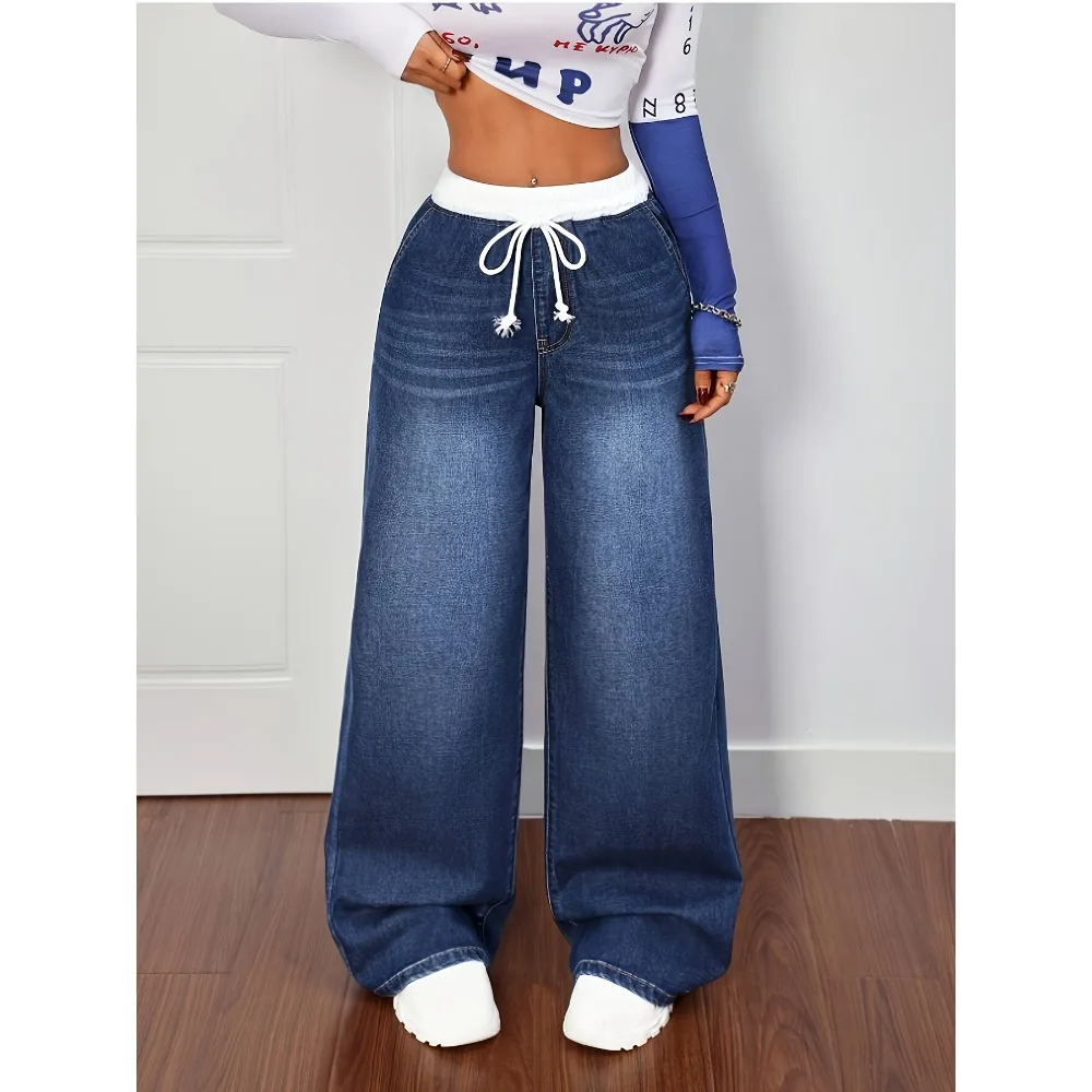 New white rubber band ladies high waist inelastic, straight fashion washing process ladies leisure ladies jeans.