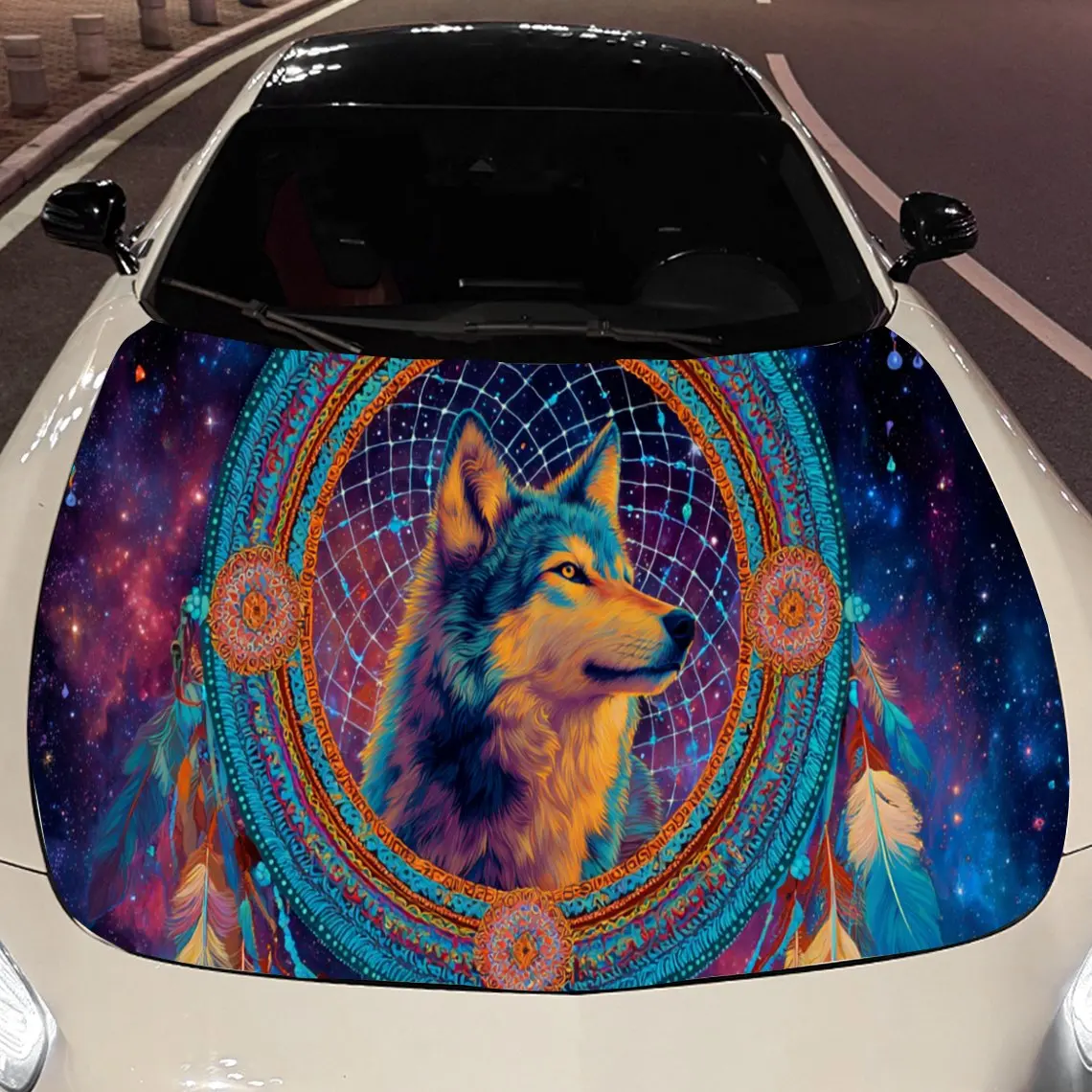 Mandala Element Dream-catcher and Wolf Car Hood Vinyl Stickers Car Surface Protection Decal Car Decoration Cover Vinyl Wraps Wat