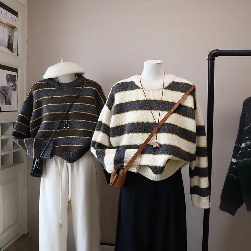 2025 Herbst/Winter Neue Rundhals Gestreiften Lose Faul Dicke Warme Pullover Pullover für Frauen