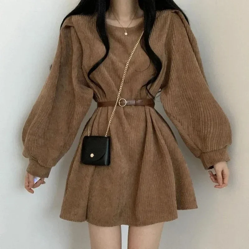 GIDYQ Vintage Corduroy Dress Women Fashion Belt Waist Slim Long Sleeve Mini Dresses Elegant Solid O Neck Chic Streetwear Top