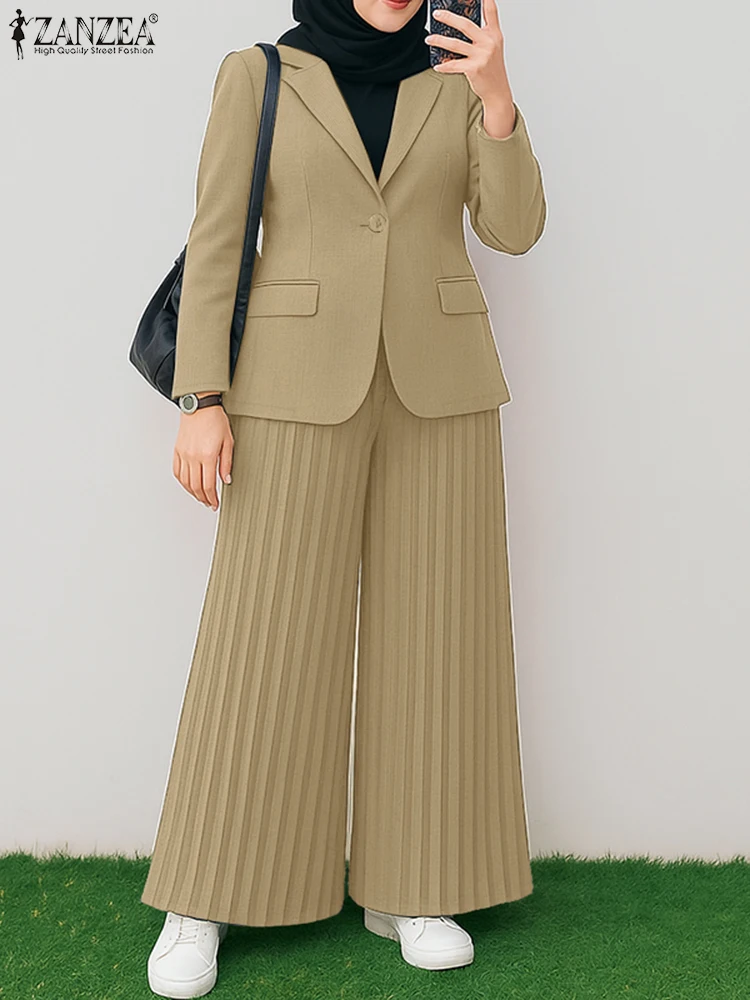 ZANZEA Autumn 2 Piece Sets Women Office Outfits 2025 Elegant Long Sleeve Blazer Wide Leg Pleated Trousers Suit Muslim Tracksuits