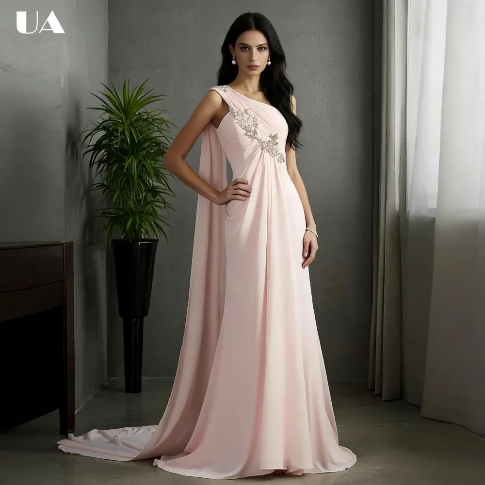 

ULBYANRY Customized Chiffon A-line Prom Dress with Asymmetrical Neck Romantic Appliqued Evening Dress Elegant Draped Party Dress