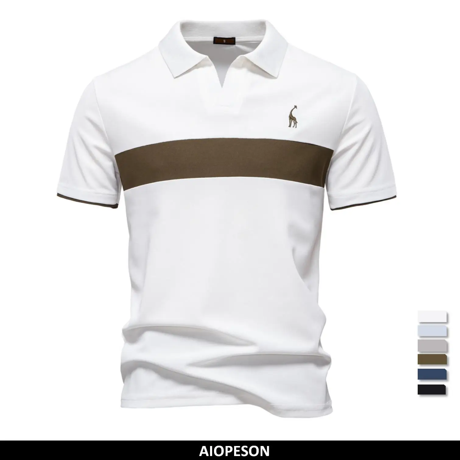 AIOPESON Men's Slim Fit Polo Shirts with Solid & Striped Color Block and Giraffe Embroidery Collar, Casual Brand Clothing