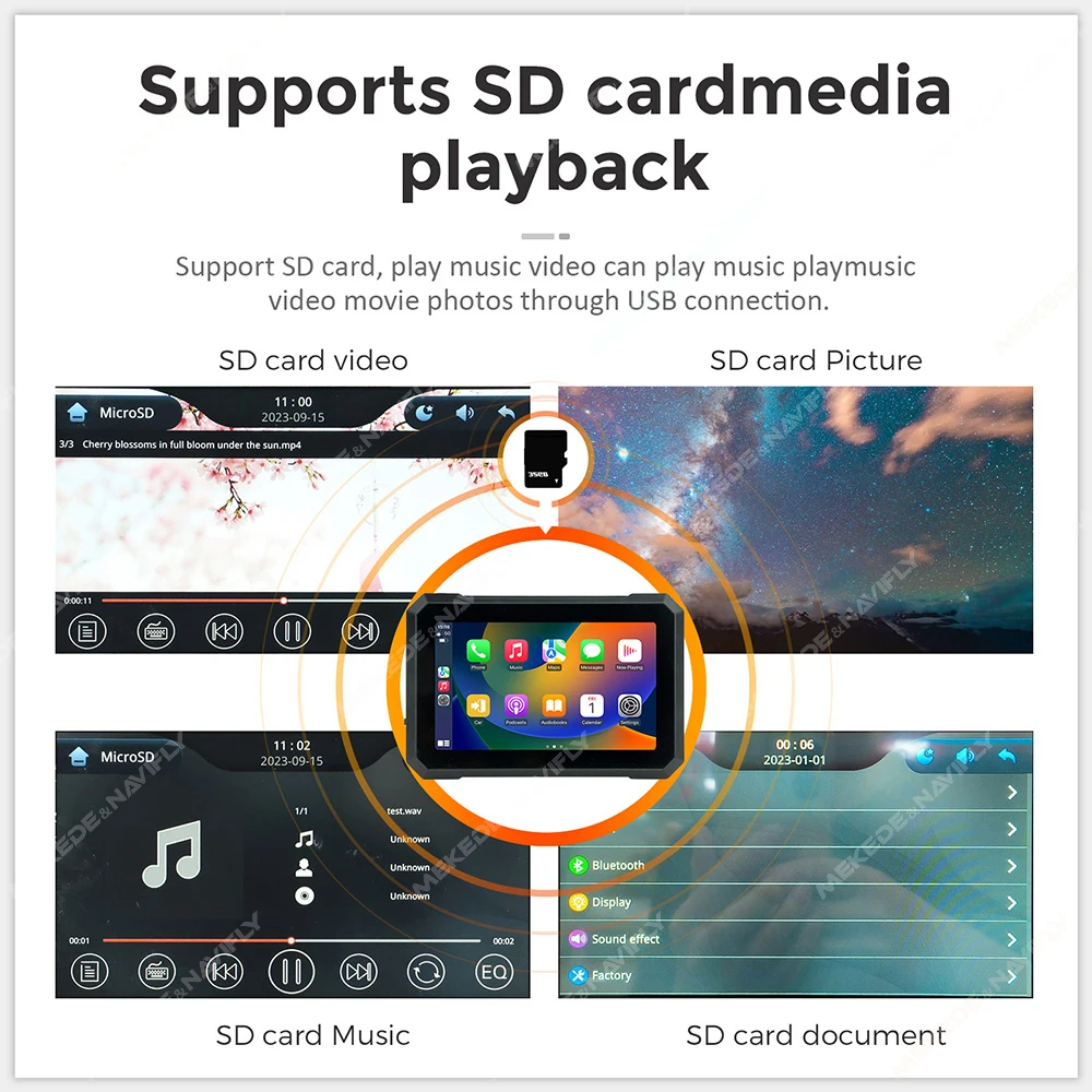 MEKEDE เครื่องนำทาง GPS แบบพกพา ขนาด 7 นิ้ว สำหรับมอเตอร์ไซค์ รองรับ CarPlay แบบไร้สาย Android Auto เชื่อมต่อ Bluetooth คู่ กันน้ำระดับ IPX7 พร้อมหน้าจอ LCD