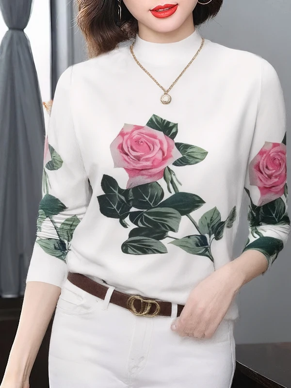 

Thickened Fleece Long Sleeve Stand Collar Rose Print Top for Middle-Aged And Elderly Women Warm Base Shirt Mom's Clothing
