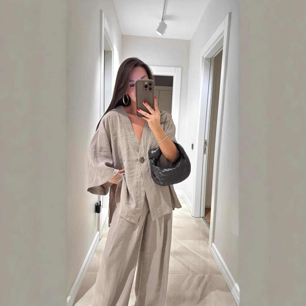 2025 Dameskleding Mode Casual Pak V-hals Eén knop Losse top met lange mouwen Hoge taille Broek Tweedelige set