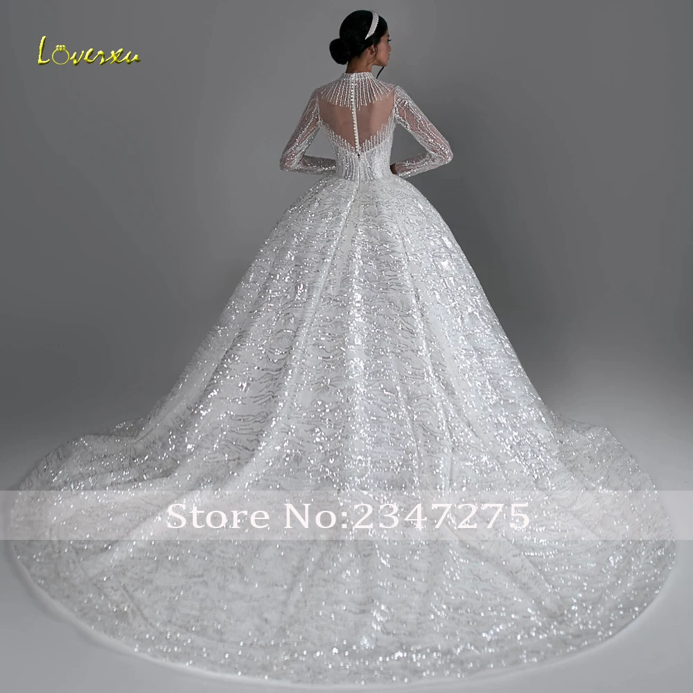 Loverxu Ball Gown Vintage Wedding Dresses 2024 High Neck Long Sleeve Bride Dress Lace Sequined Shiny Court Train Robe De Mariee