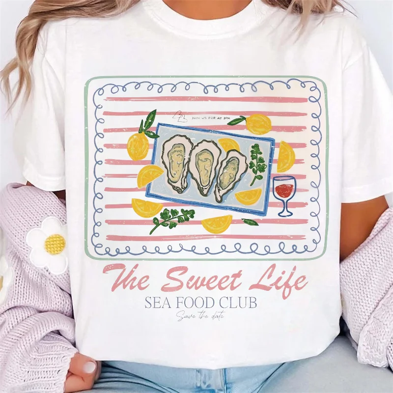 The Sweet Life Seafood Pattern Printed Summer Travel T-Shirt Short Sleeve Beach Vacation Printed Women's Fashion Cute T-Shirt