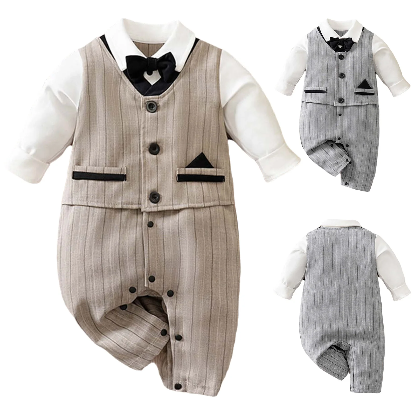 

Infant Baby Boys Clothes Gentleman Suit Rompers Long Sleeve Bowtie Striped Jumpsuit Baptism Wedding Birthday Party Formal Outfit