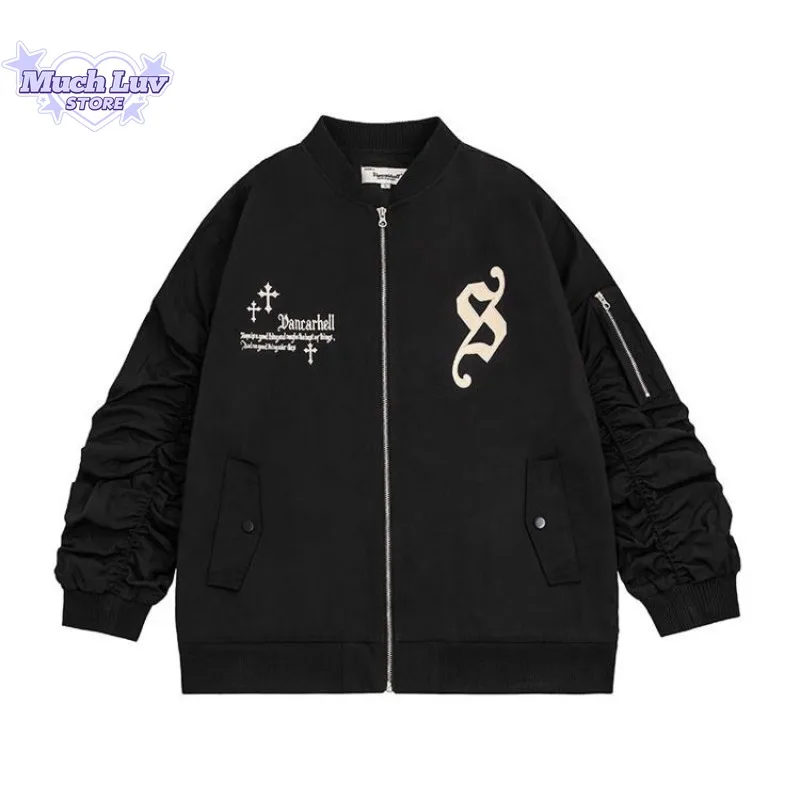 Gothic Letter Cross Embroidered Pilot Jacket Jacket Men and Women Autumn and Winter Fashion Trend Casual Comfy Couple Top Coat