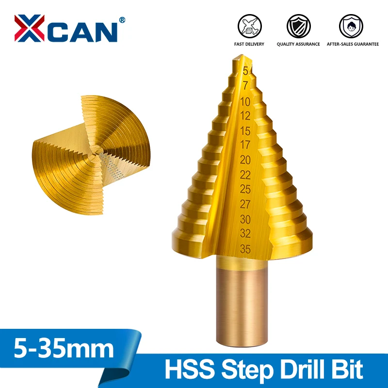 XCAN 5-35mm HSS Step Drill Bit Straight Groove Titanium Coated Wood Metal Hole Cutter 13 Steps Multiple Hole Cone Drill Bit