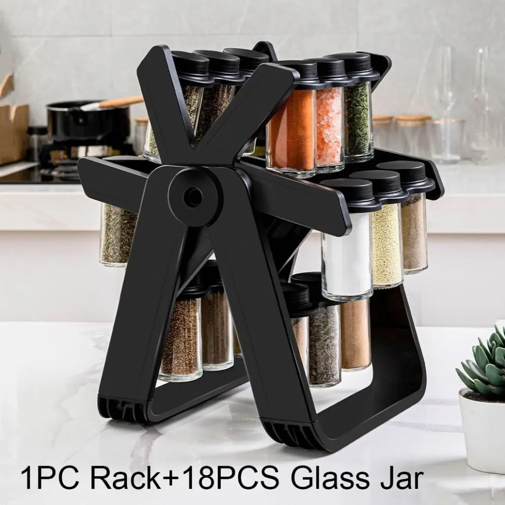 

360 Degree Rotation Ferris Wheel Spice Rack Space-Saving Multi-Tier Rotating Spice Rack with 18 Glass Jars Seasoning Organizer