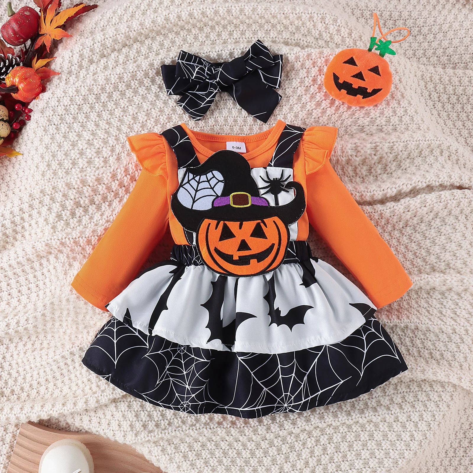 Halloween Newborn Baby Girls Clothes 3PCS Romper+Strap Dress+headband Sets Bat/Pumpkin/Ghost Embroidery Costume Outfits 0-18M