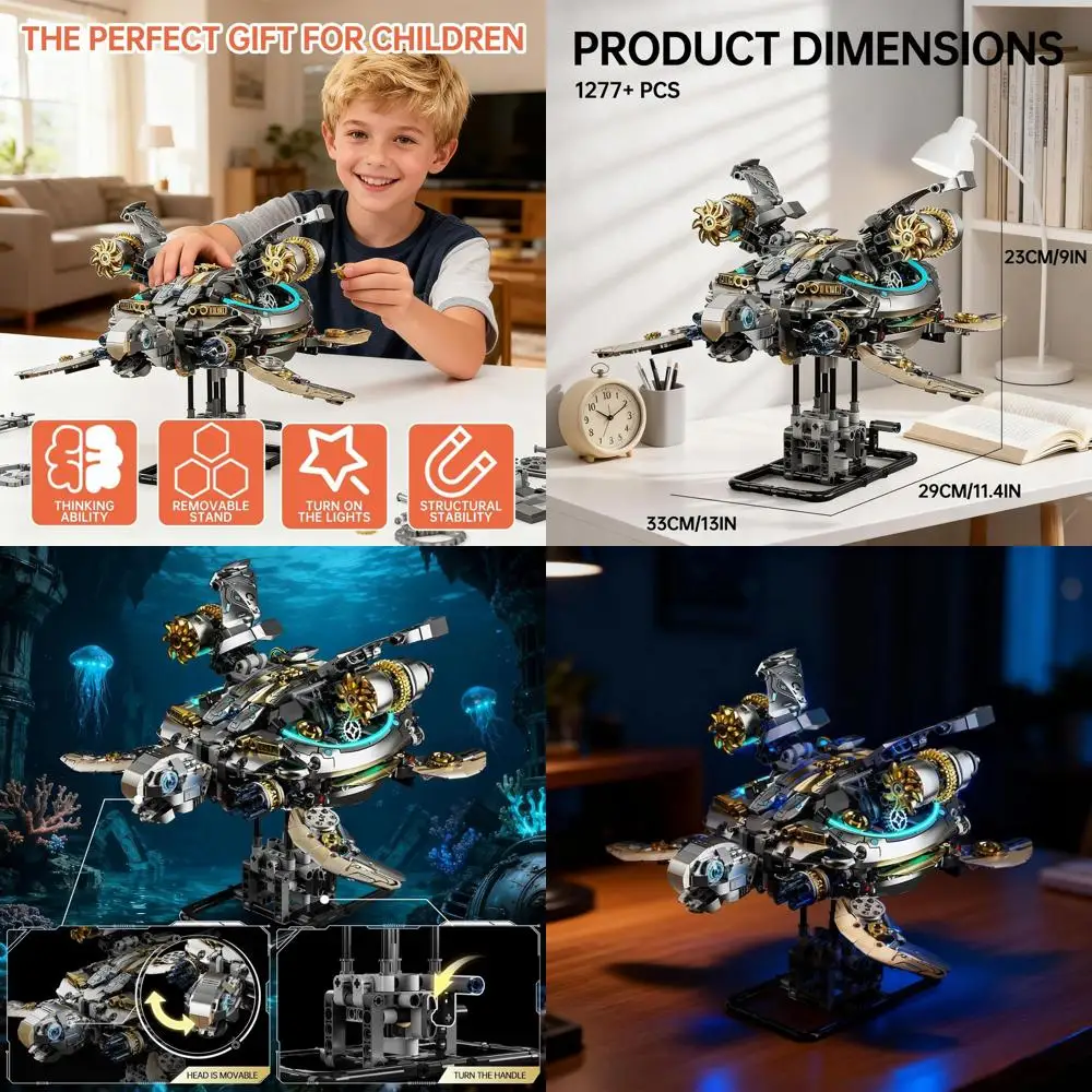 

Hand-Crank & Motor Dual-Powered Mechanical Turtle Building Blocks - Steampunk-Style Educational Kit for Adults, Teens, and Hobby