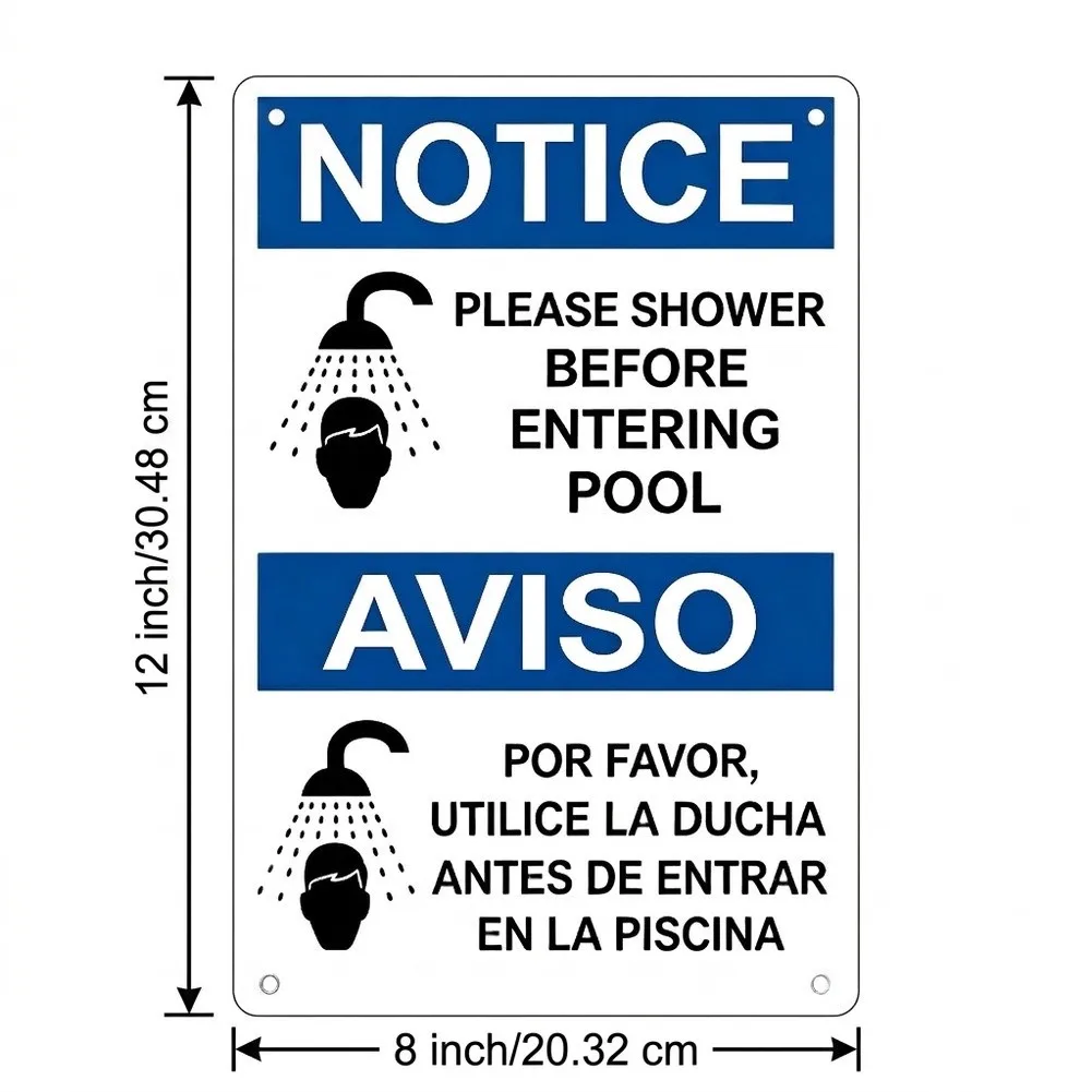 /Bilingual /Pool /Shower Notice Tin Sign Please Shower Before Entering Pool Metal Sign 12x8 Inch Blue Rustproof Weather Resistan