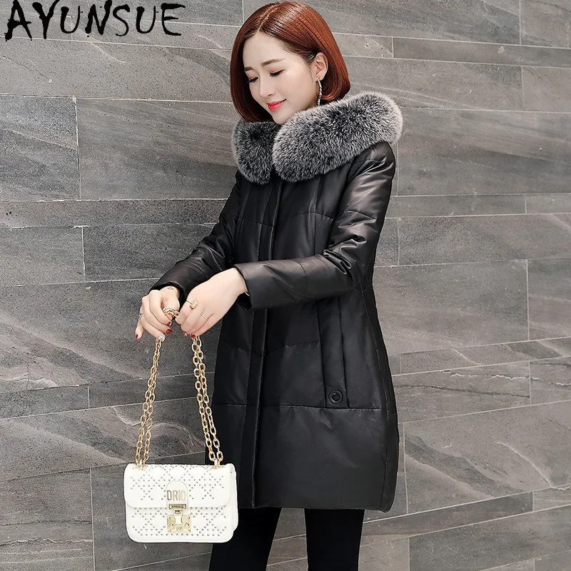 AYUNSUE peau de mouton naturelle en cuir véritable doudoune femme 2025 mi-long vers le bas manteaux vêtements d'hiver col de fourrure de renard Jaqueta Couro