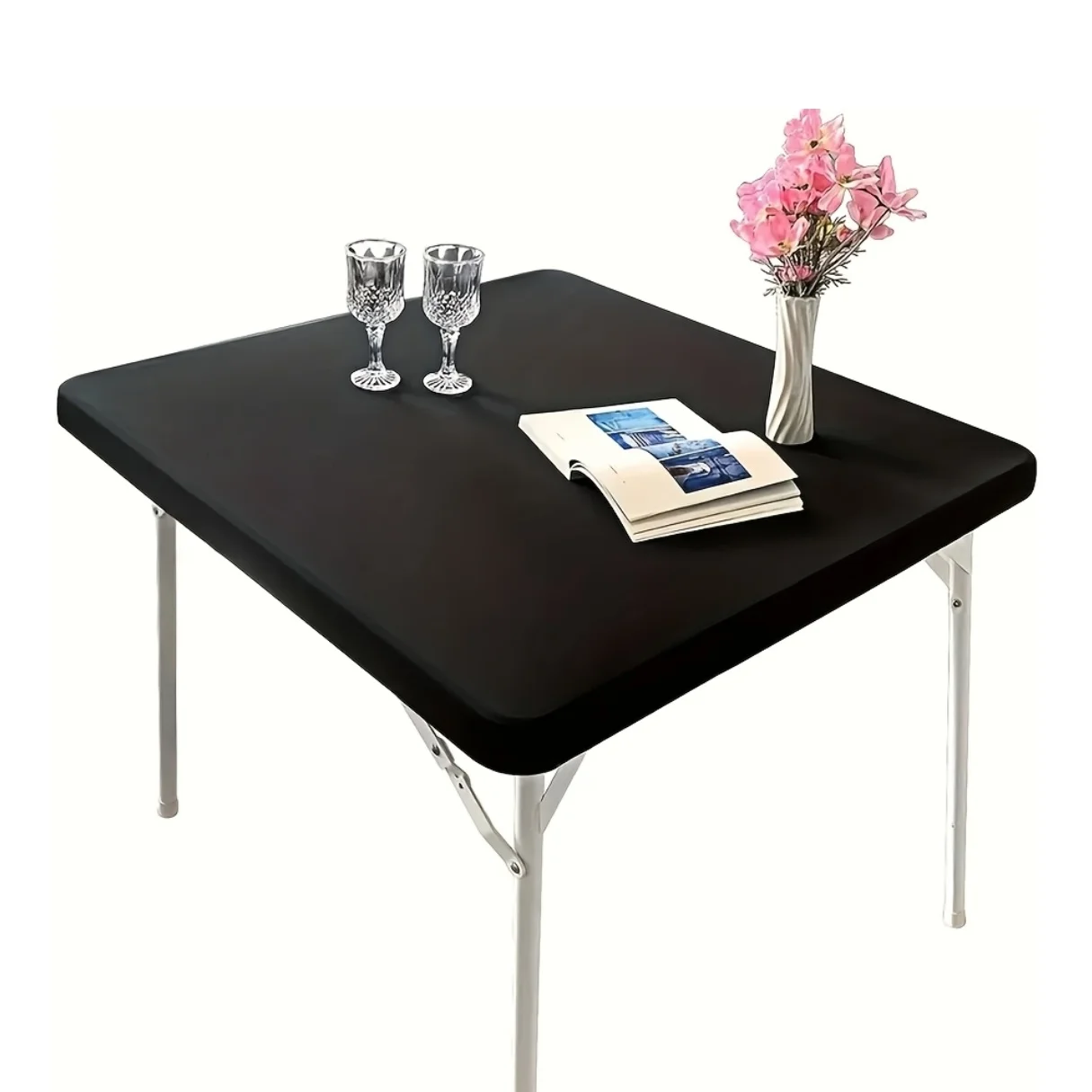 Square Stretchable Polyester Tablecloth, Table Cover for Christmas Parties, Indoor/outdoor Picnics and Camping