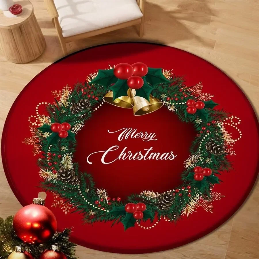 Christmas Themed Round Area Rug with Festive Wreath Bell Snowflake Patterns Floor Mat for Home Holiday Decorations