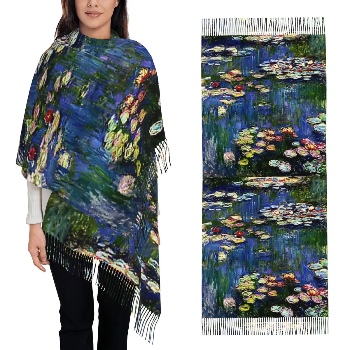 الإناث طويلة زنابق الماء كلود مونيه وشاح شرابة الأوشحة للنساء لينة الدافئة شالات و يلتف كبير الخريف الشتاء شال التفاف