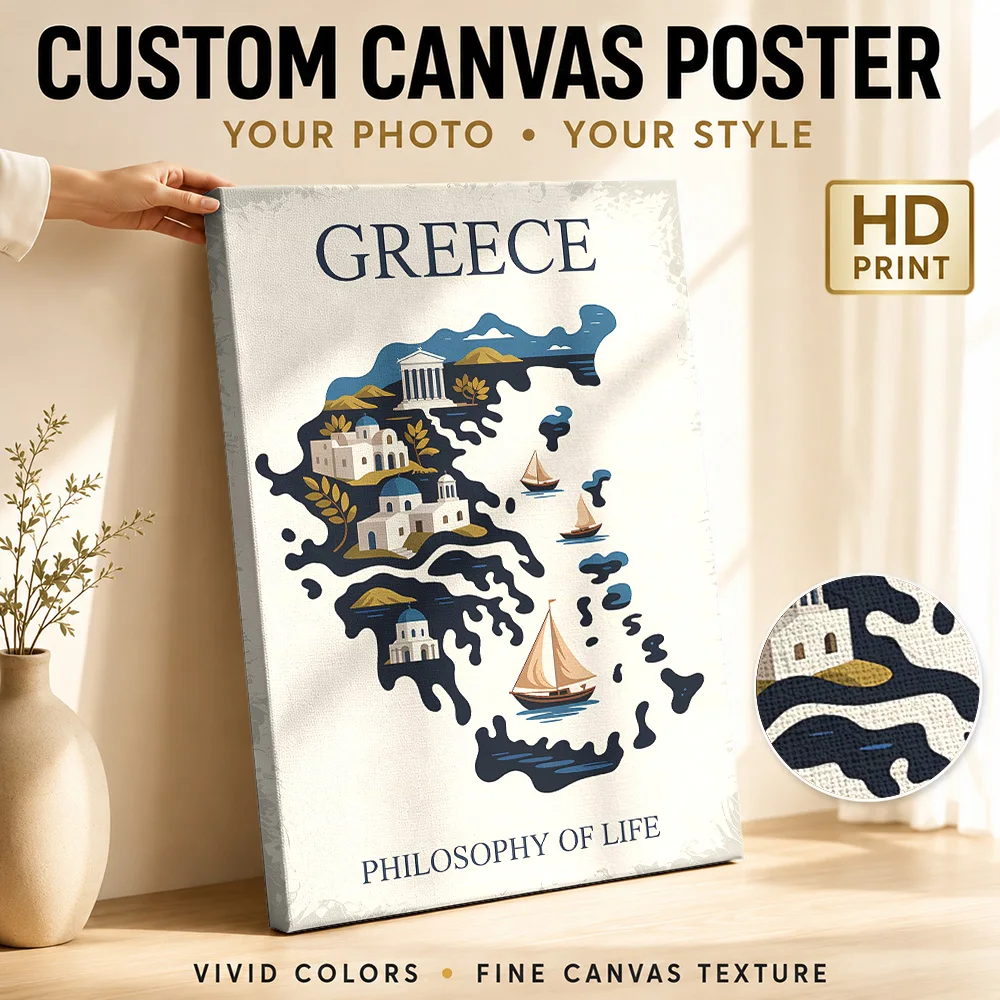 Greece Philosophy Travel Map Wood Framed Canvas Poster Customized Photo Vintage Pictorial Cartography Wall Art For Home Office