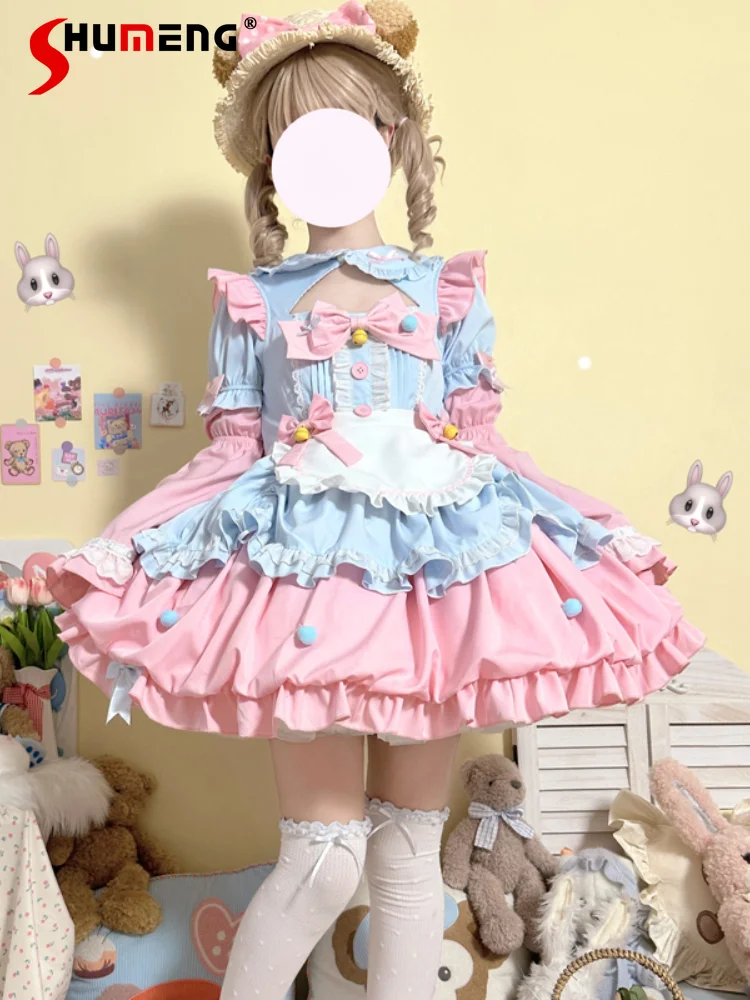 

Japanese Style Sweet Cute Op Lolita Dress Cutout Doll Collar 3D Ruffled Short Sleeves High Waist A-line Short Dress Women Summer