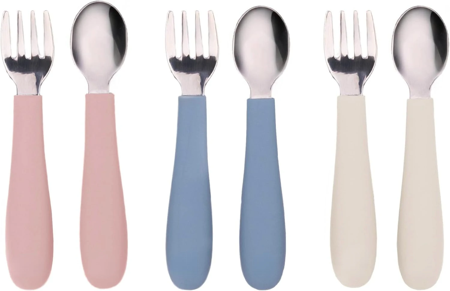 Toddler Utensils, 3 Forks & 3 Spoons, 18/8 Stainless Steel & Food Grade Silicone, Thick Easy- Handles, Perfect Length For New Se