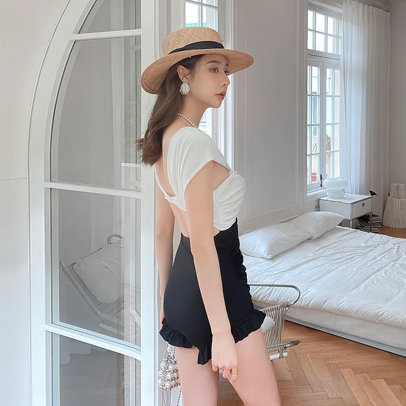 Alice Women's One-Piece Swimsuit 2023 New Thermal Spring INS Small Chest Gathered Belly Slimming Backless Conservative