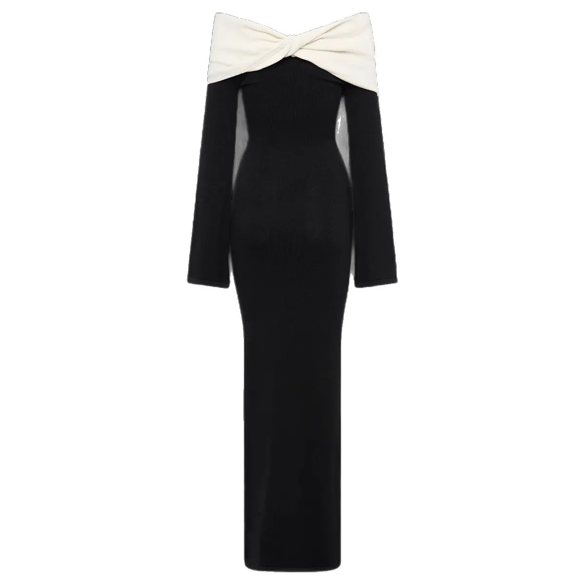 Moda francesa clássico contraste cor em camadas envoltório no peito manga longa magro quadril temperamento vestido longo