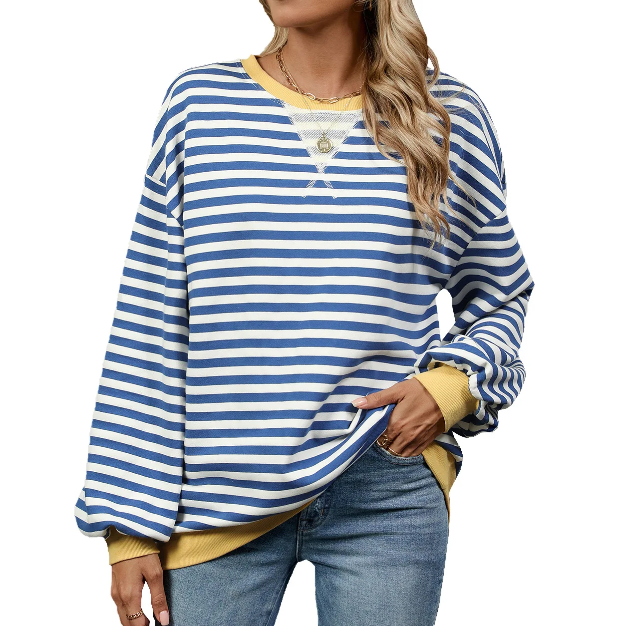 

Women Fashion Striped Sweatshirts Casual Loose O Neck Long Sleeves Hoodie Pullover 2024 Autumn Tops Streetwear